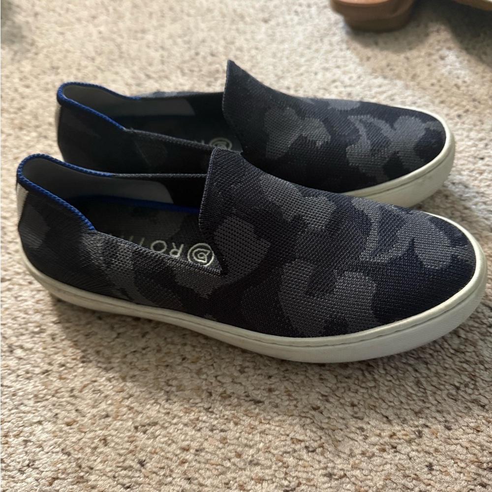 Rothy's Black and Gray Camouflage Slip-On Shoes